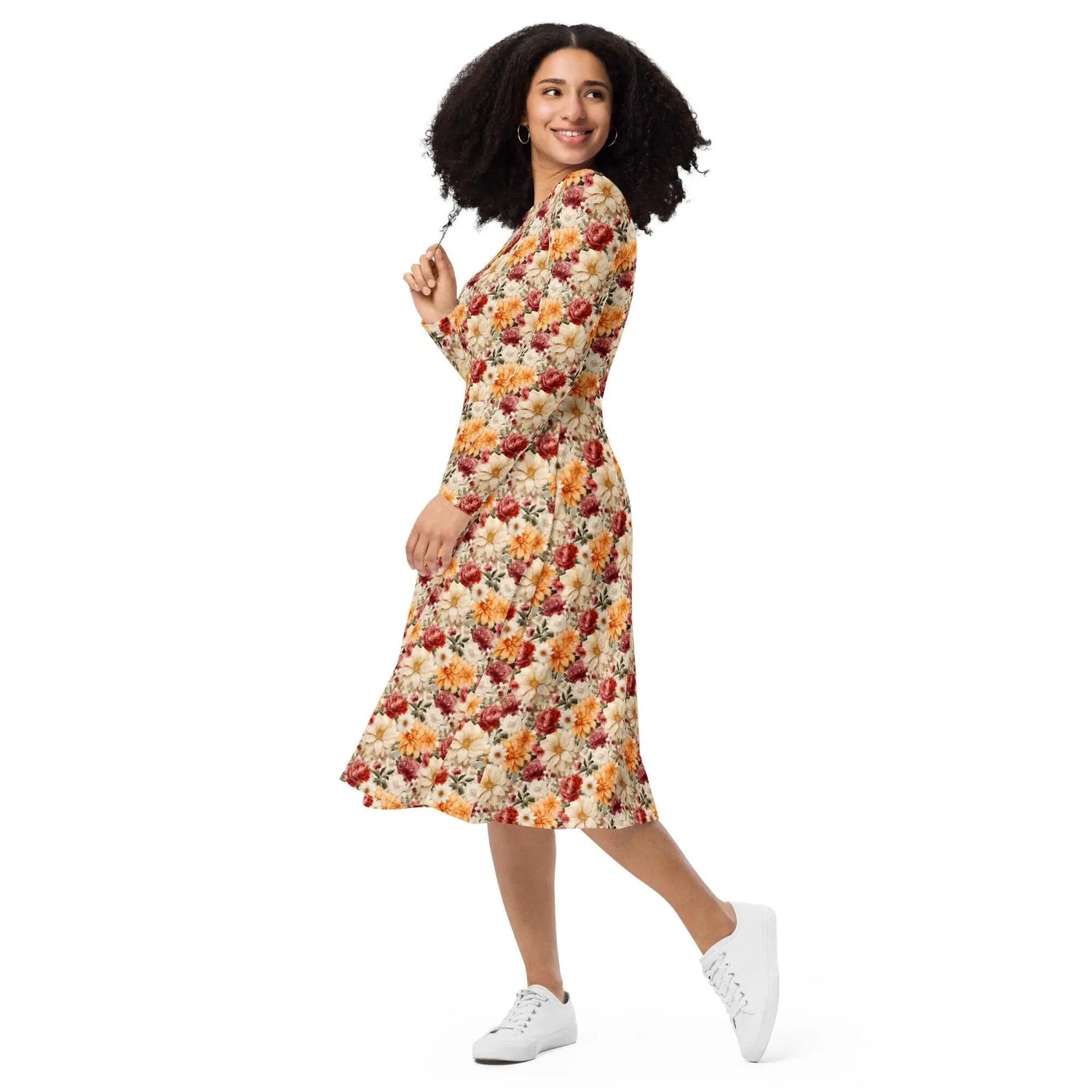 All-over print long sleeve midi dress, Bright large floral print pattern dinner date casual event classy stylish midi dress design dress The Aurora Touch