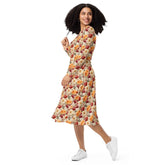 All-over print long sleeve midi dress, Bright large floral print pattern dinner date casual event classy stylish midi dress design dress The Aurora Touch