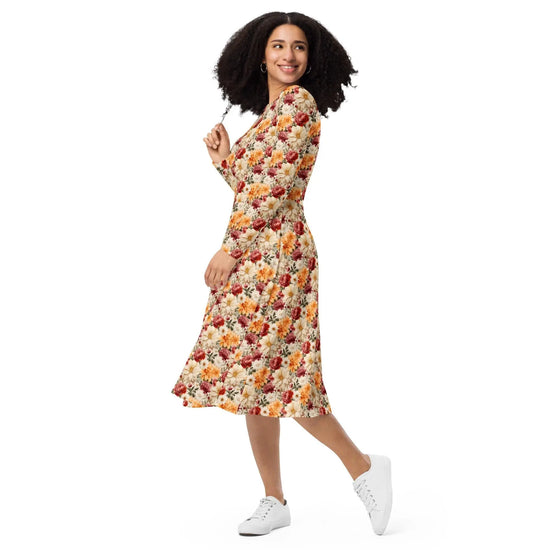 All-over print long sleeve midi dress, Bright large floral print pattern dinner date casual event classy stylish midi dress design dress The Aurora Touch