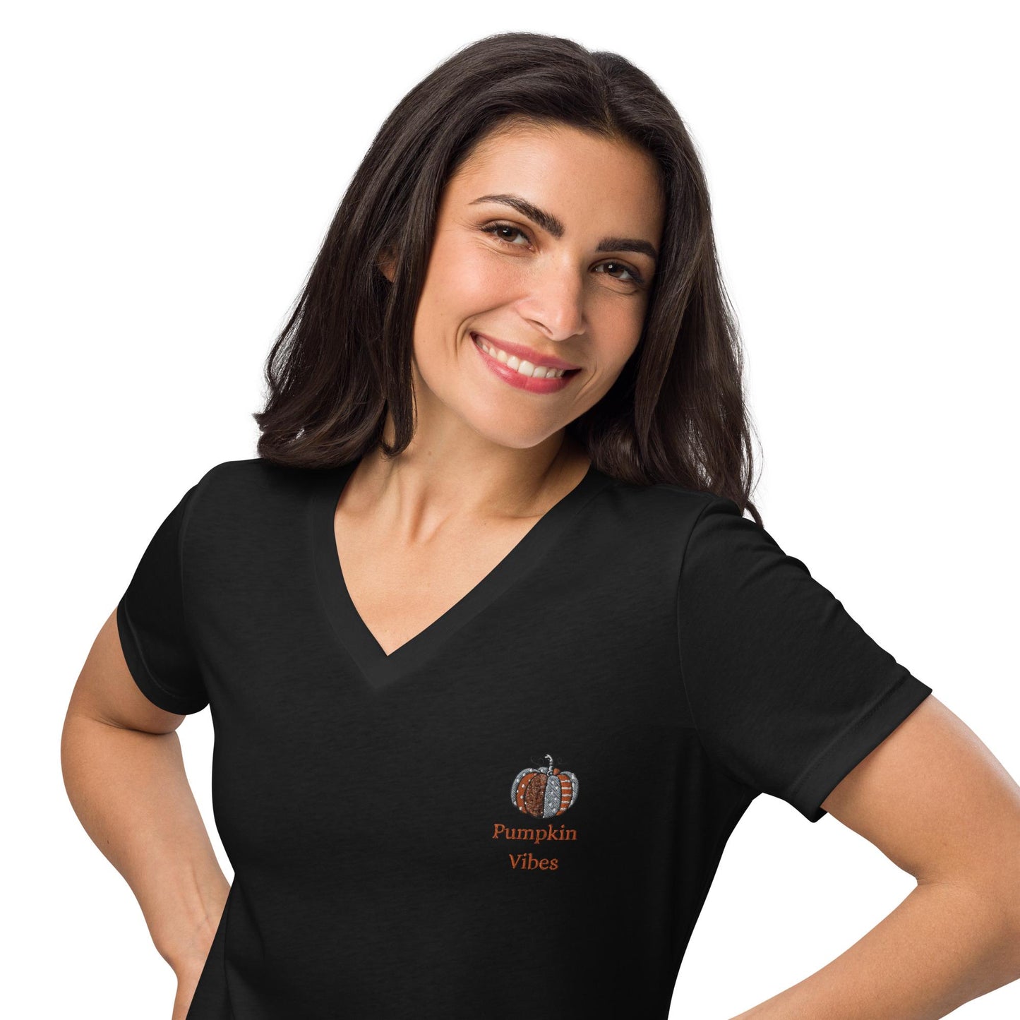 Women’s relaxed v-neck t-shirt, Minimilist pumpkin vibes quiet simple colorful classy fall spirit Thanksgiving embroiderd design shirt