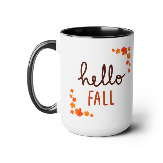 Two-Tone Coffee Mugs, 15oz, Hello Fall minimilist color handle large holiday theme kitchen decor Hot Coco warm tea Autumn spirit cup