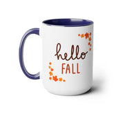 Two-Tone Coffee Mugs, 15oz, Hello Fall minimilist color handle large holiday theme kitchen decor Hot Coco warm tea Autumn spirit cup The Aurora Touch