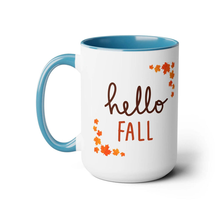 Two-Tone Coffee Mugs, 15oz, Hello Fall minimilist color handle large holiday theme kitchen decor Hot Coco warm tea Autumn spirit cup The Aurora Touch