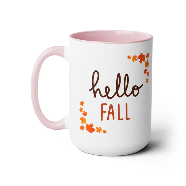 Two-Tone Coffee Mugs, 15oz, Hello Fall minimilist color handle large holiday theme kitchen decor Hot Coco warm tea Autumn spirit cup The Aurora Touch