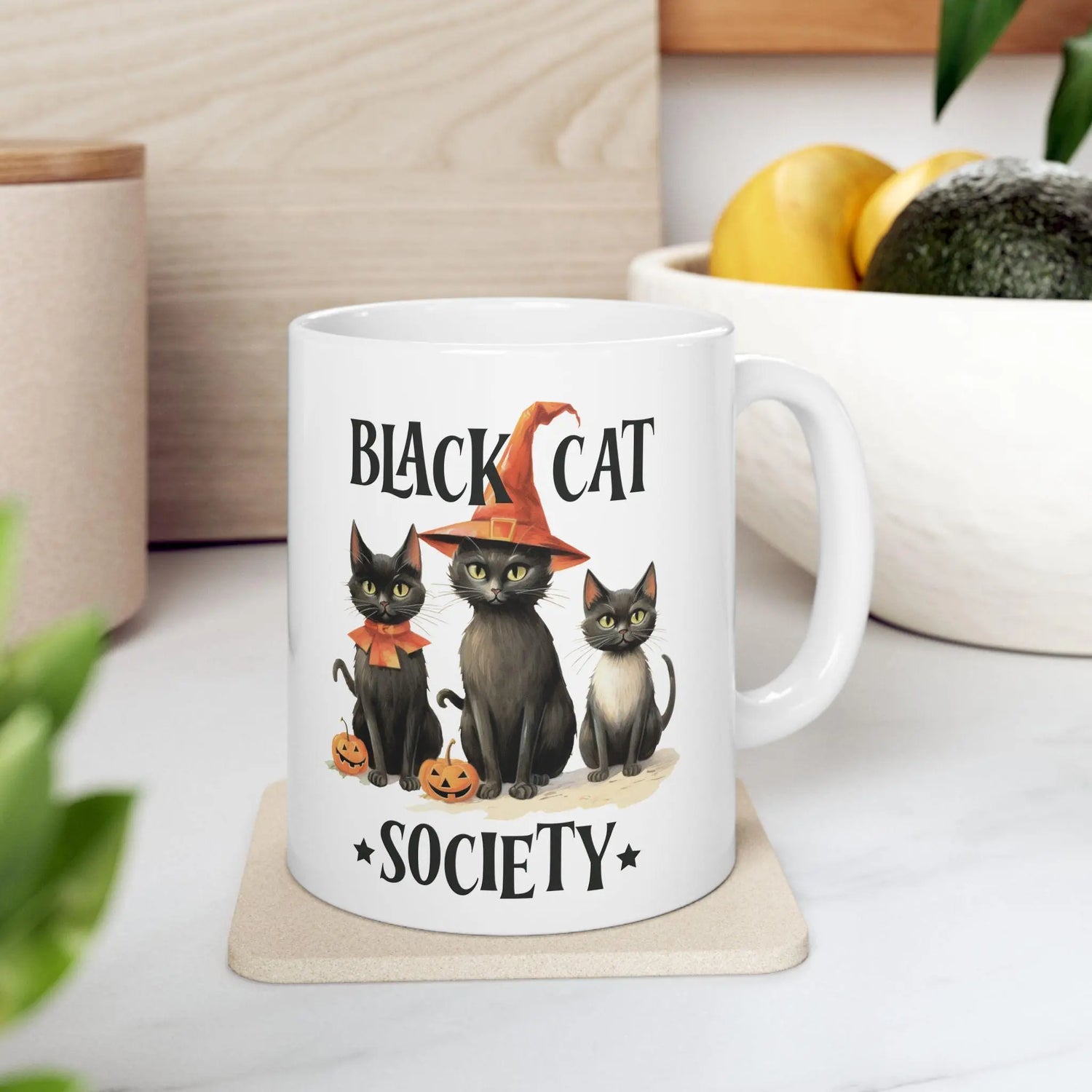 Ceramic Mug 11oz, Black cat society novelty kitty witches cute design hallowen holiday coffee tea cozy kitchen decor beverage cup The Aurora Touch