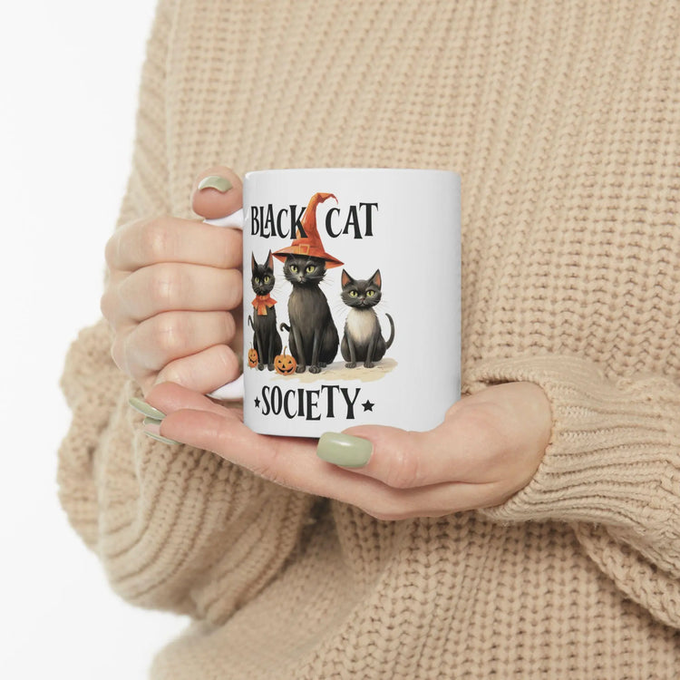 Ceramic Mug 11oz, Black cat society novelty kitty witches cute design hallowen holiday coffee tea cozy kitchen decor beverage cup The Aurora Touch