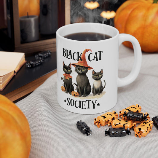 Ceramic Mug 11oz, Black cat society novelty kitty witches cute design hallowen holiday coffee tea cozy kitchen decor beverage cup