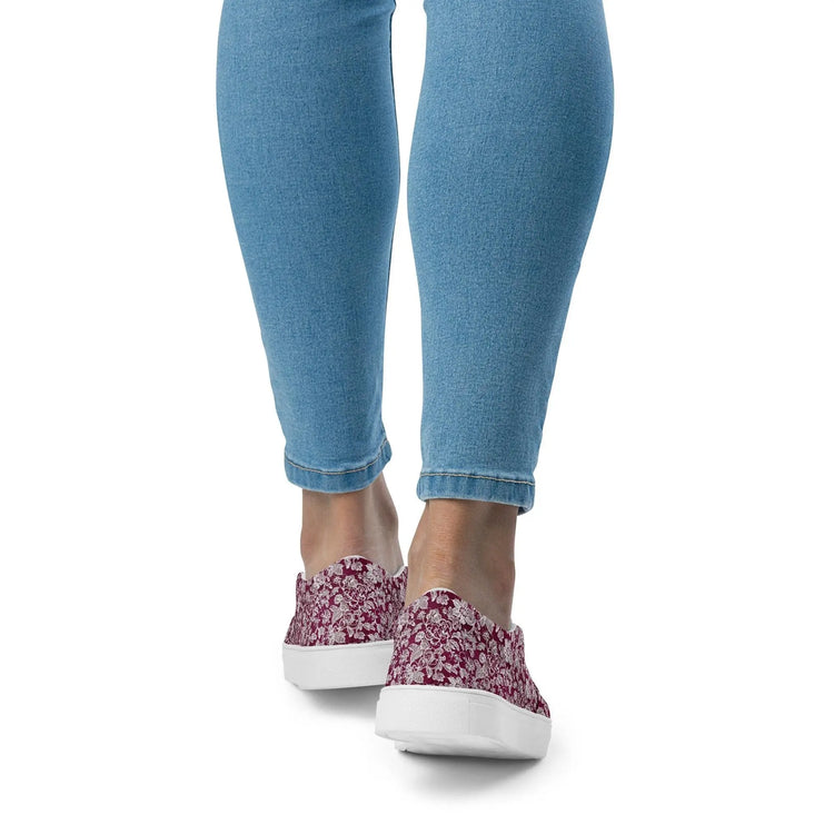 Women’s slip-on canvas shoes, Burgandy white lace canvas designer look casual cute jean skirt jogger pants slip-on rubber sole shoe
