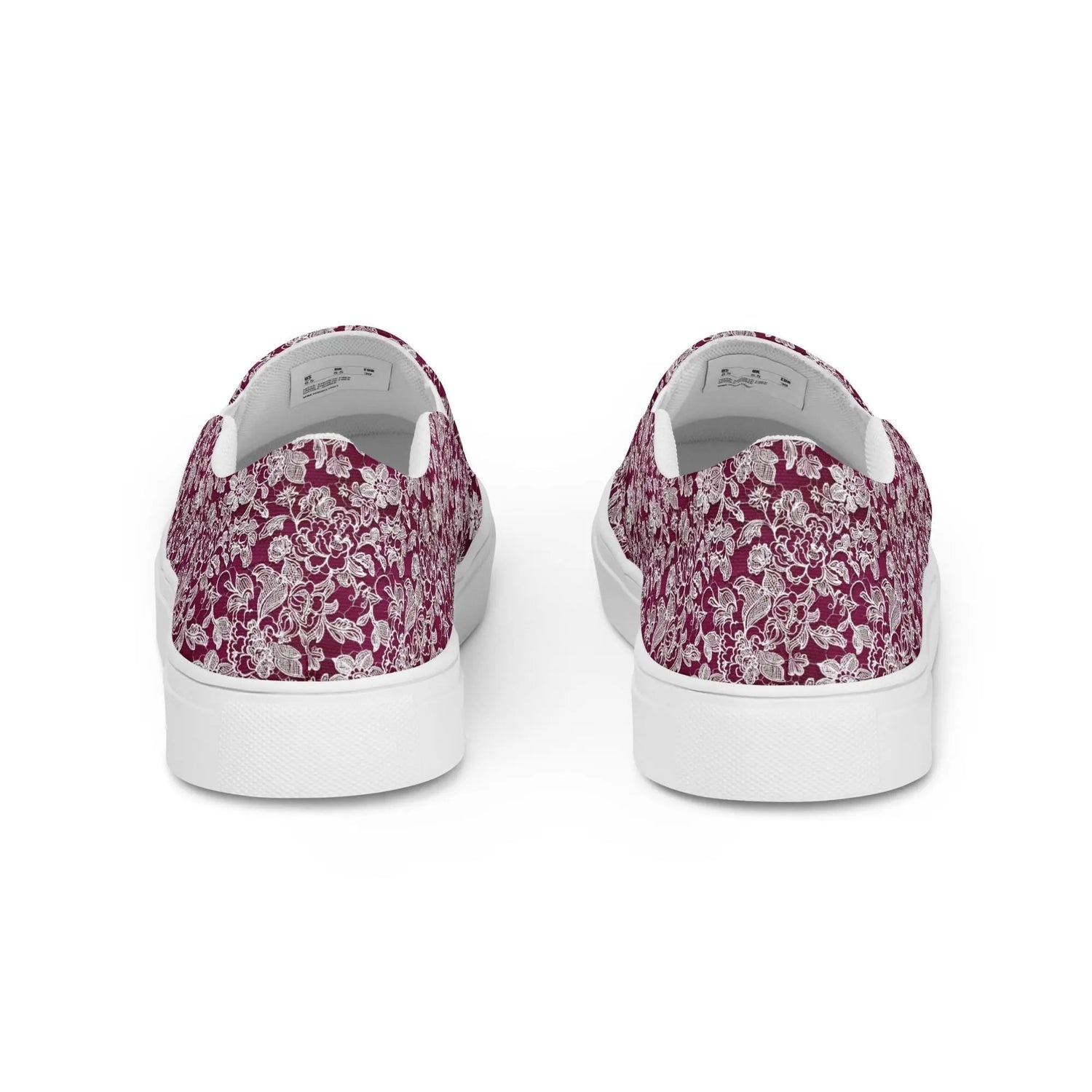 Women’s slip-on canvas shoes, Burgandy white lace canvas designer look casual cute jean skirt jogger pants slip-on rubber sole shoe