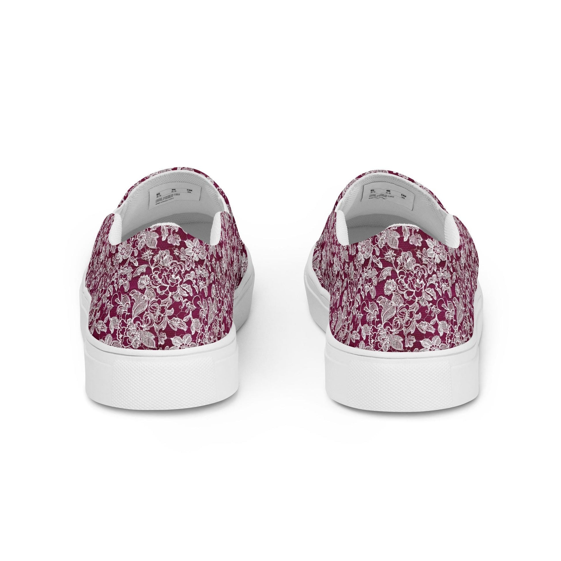 Women’s slip-on canvas shoes, Burgandy white lace canvas designer look casual cute jean skirt jogger pants slip-on rubber sole shoe
