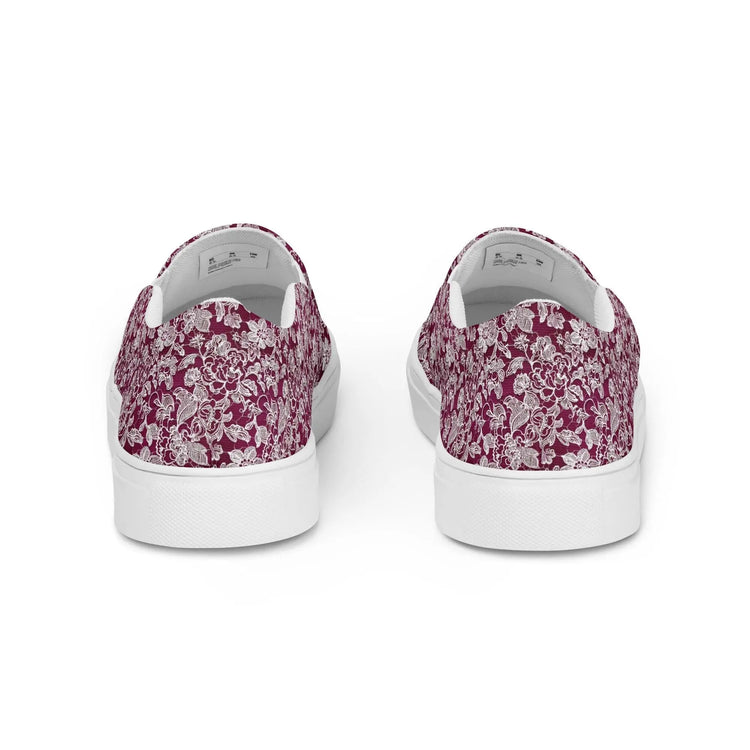 Women’s slip-on canvas shoes, Burgandy white lace canvas designer look casual cute jean skirt jogger pants slip-on rubber sole shoe
