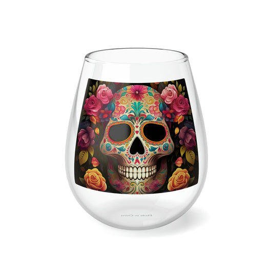 Stemless Wine Glass, 11.75oz Day of the Dead colorful sugar skull traditional portrait design social gathering wine glass