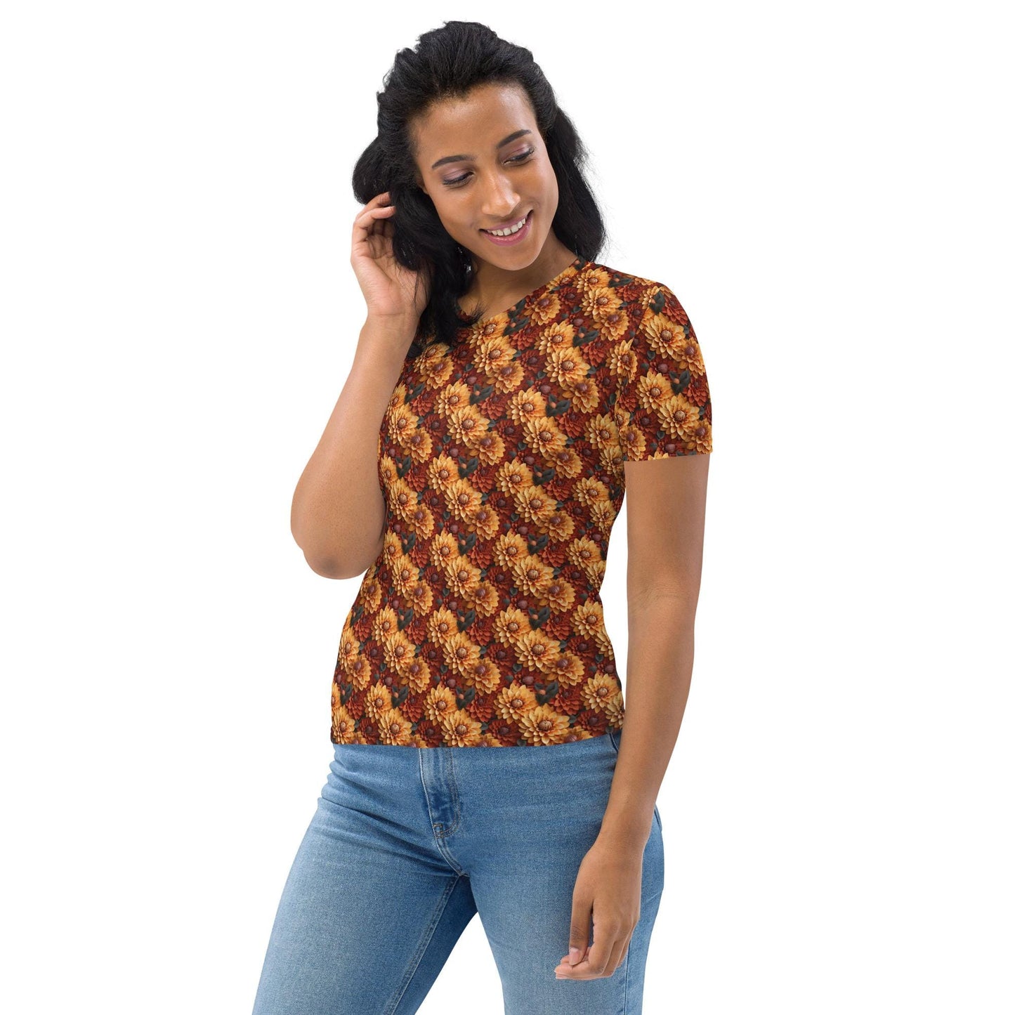 Women's T-shirt, Autumn floral all over print casual Fall fashion jean shorts skirt stylish everyday attractive shirt