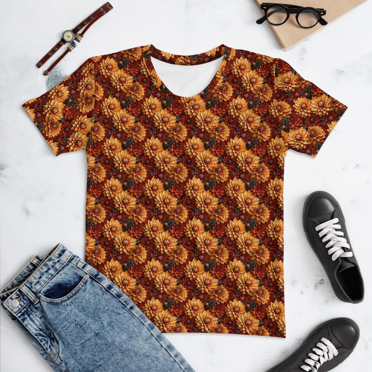 Women's T-shirt, Autumn floral all over print casual Fall fashion jean shorts skirt stylish everyday attractive shirt