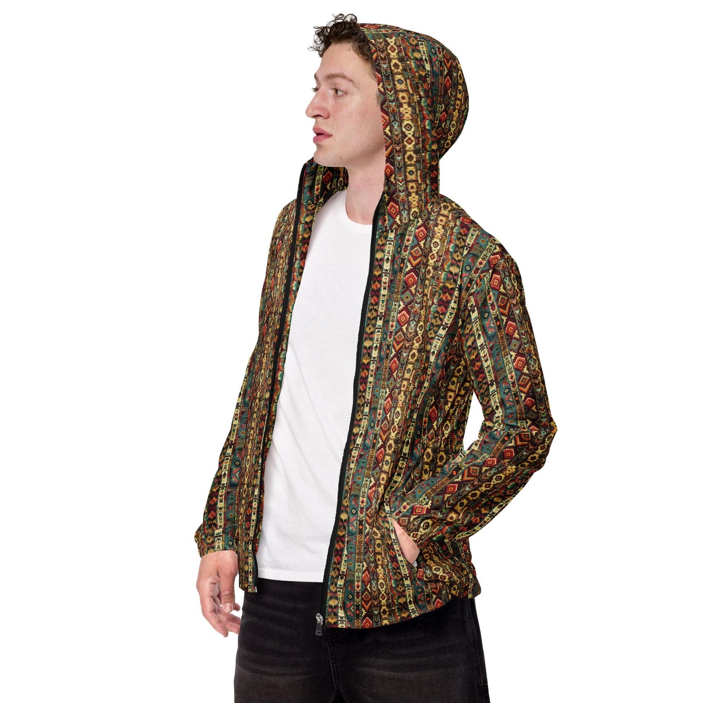 Men’s windbreaker, Radiant native tribal design pattern all weather casual stylish fabric any occassion over long short sleeve shirt jacket