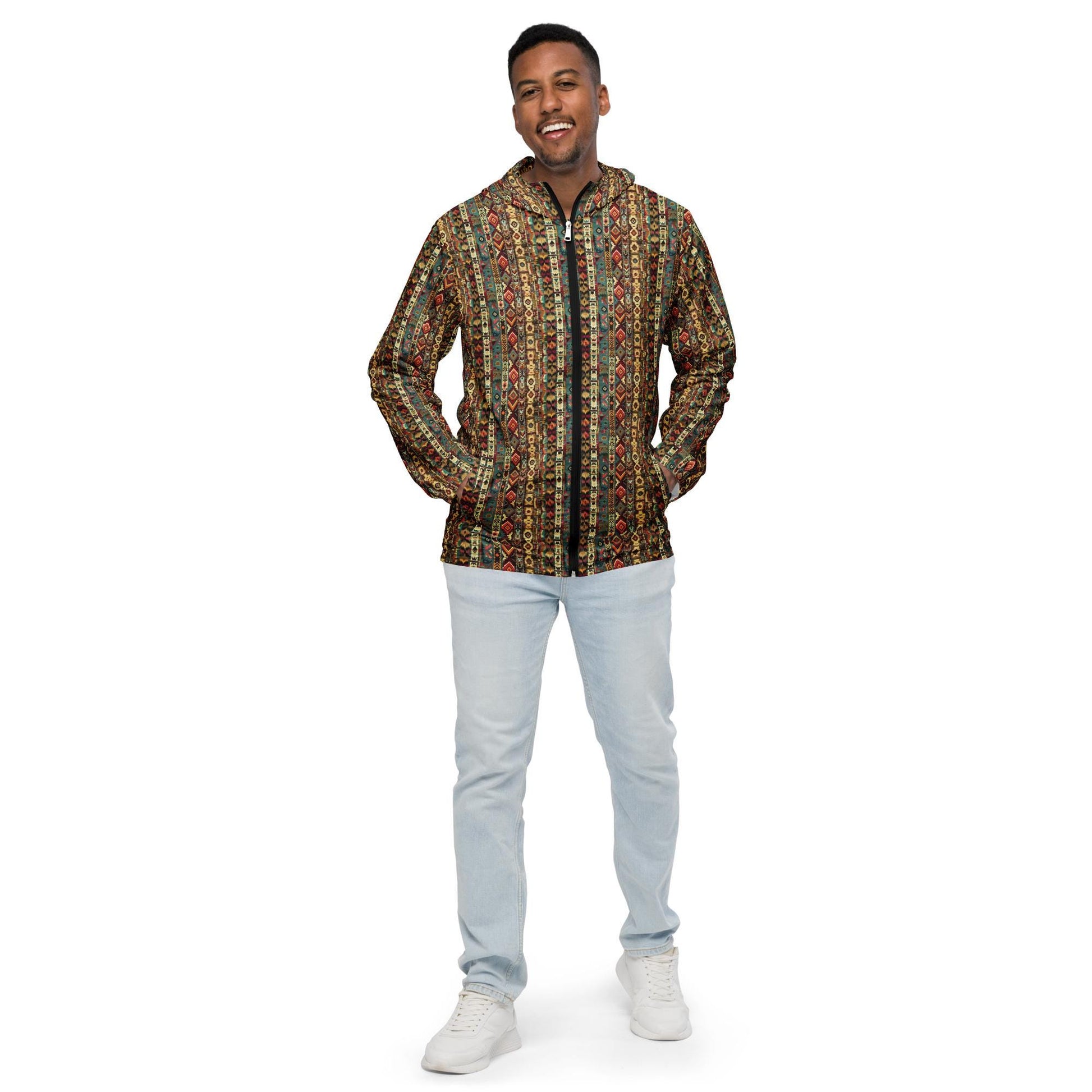 Men’s windbreaker, Radiant native tribal design pattern all weather casual stylish fabric any occassion over long short sleeve shirt jacket