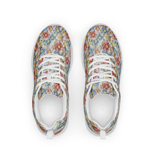 Women’s athletic shoes, light color crotchet print pattern design hand crafted fashion style casual soft pretty everyday comfy sporty shoe