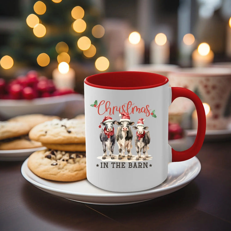 Accent Coffee Mug, 11oz, Christmas in the barn farmhouse country style kitchen design decor two tone hot coco apple cider holiday mood cup The Aurora Touch