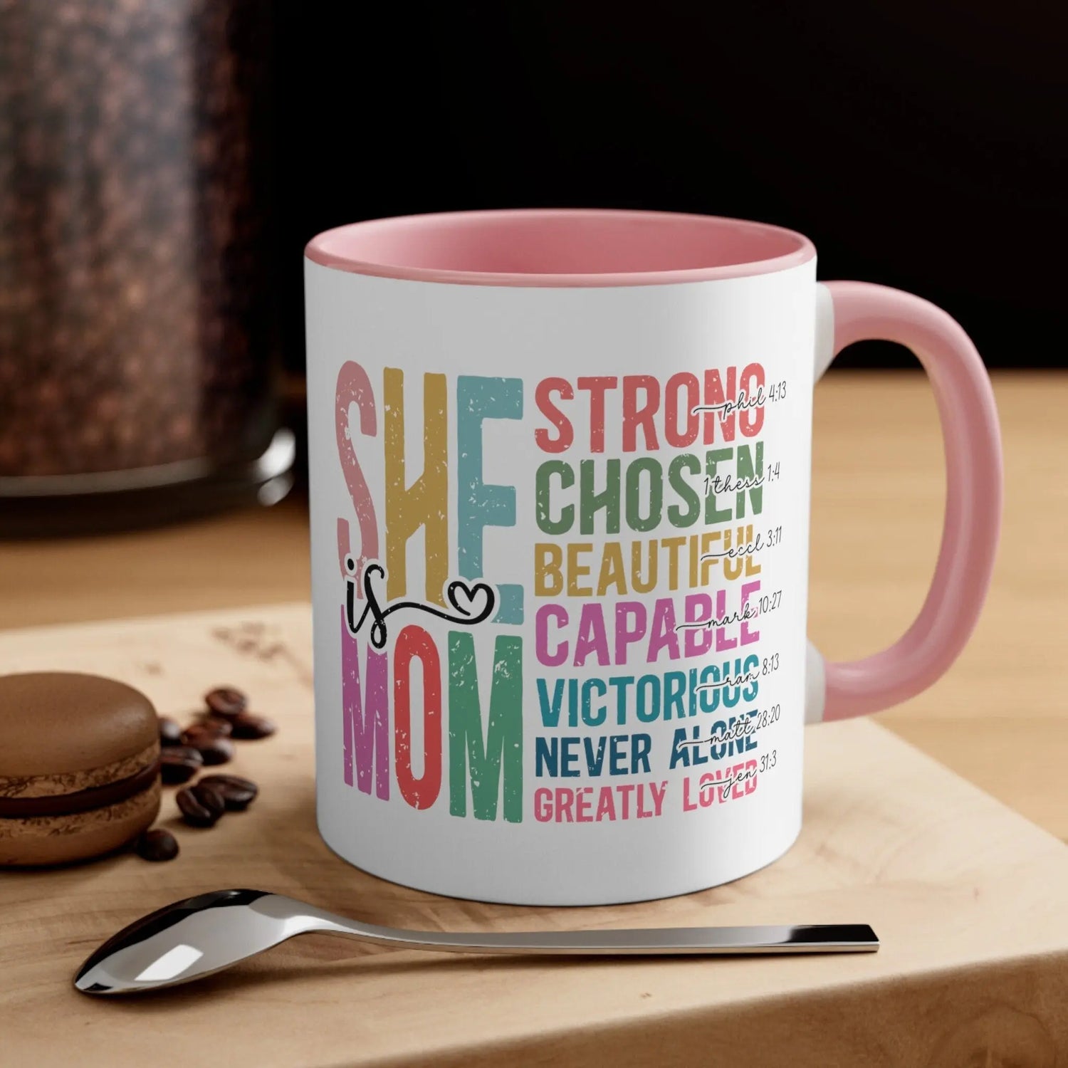 Accent Coffee Mug, 11oz, She is Mom bright coffee colorful encouraging positive strong message enduring two tone beverage cup relative gift The Aurora Touch