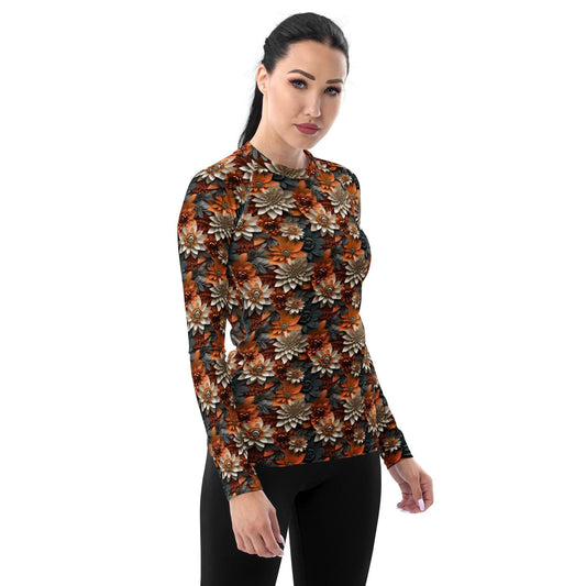 Women&#39;s Rash Guard, Autumn Fall 3D floral pattern long sleeve womens workout casual wear leggings jean smooth shirt