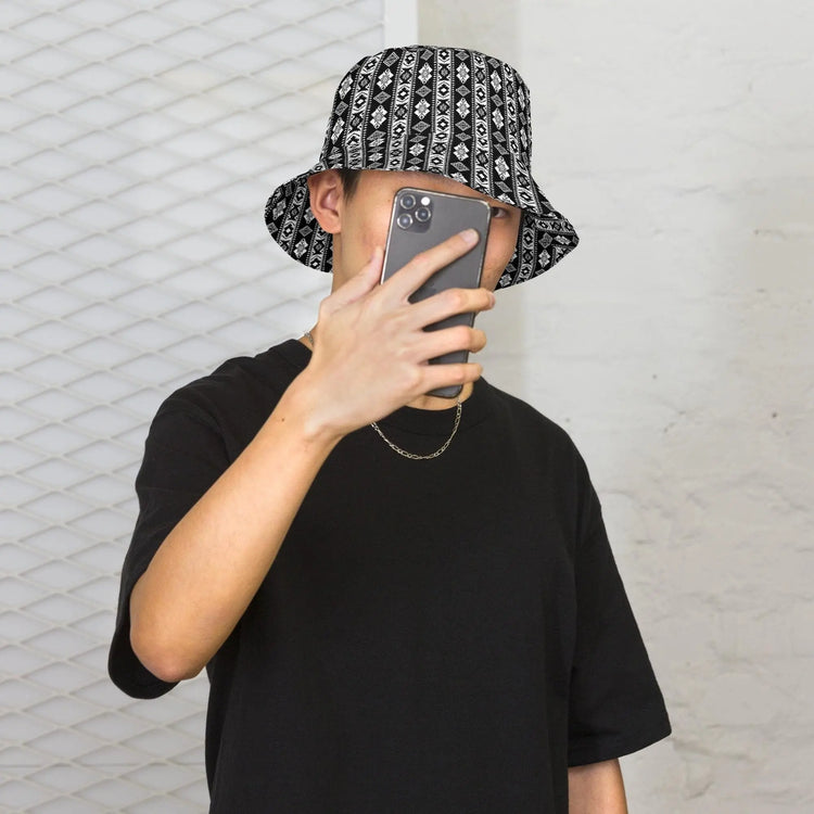 Reversible bucket hat styllish western black white pattern design versatile fashinista streetwear apparel casual everyday unisex fabric hat