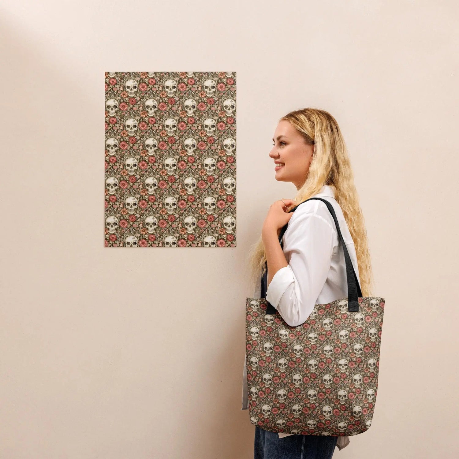 Sugar Skull Tote bag designer fashion pattern all over print computer Ipad office work travel gym grocery shopping all purpose theme bag The Aurora Touch