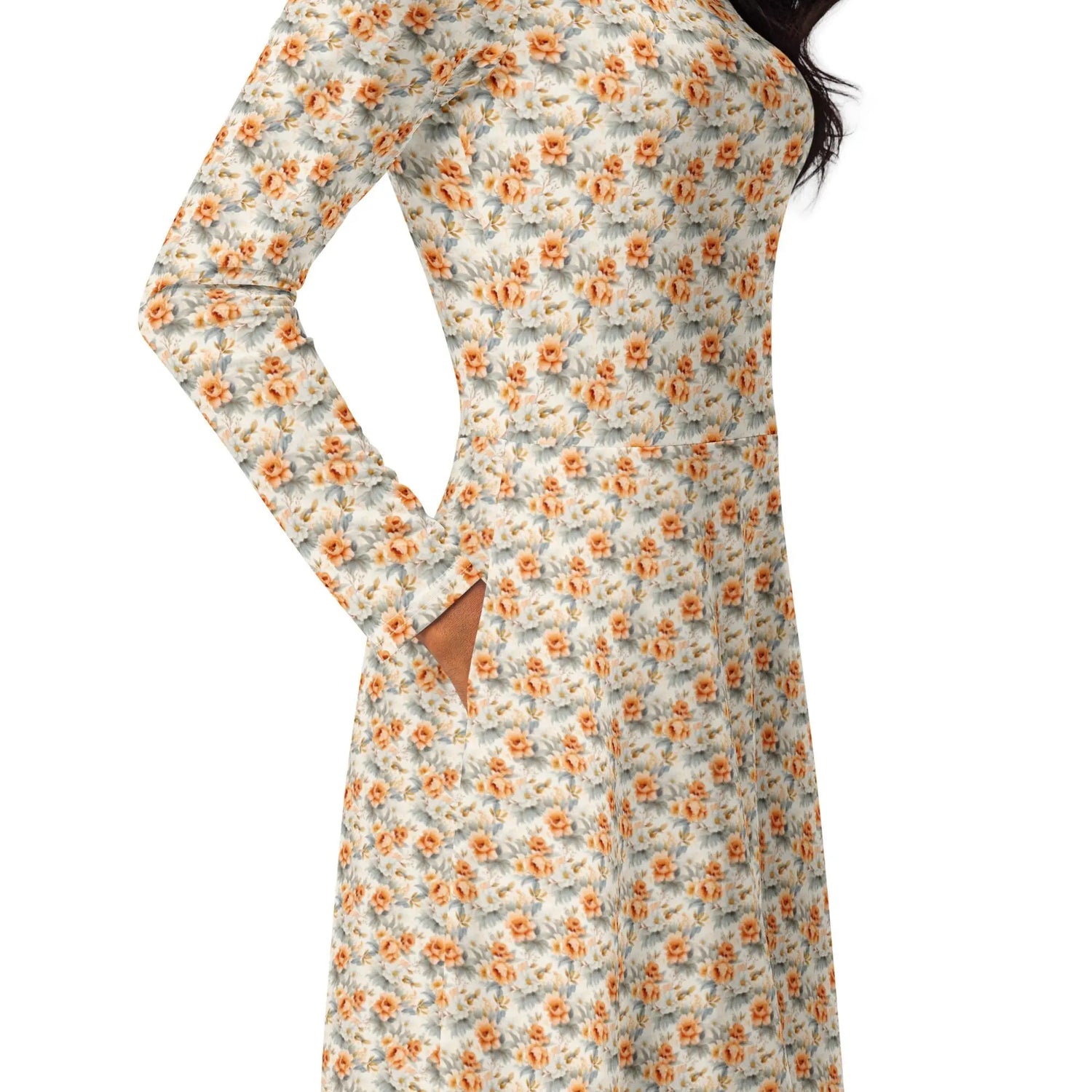 All-over print long sleeve pretty floral print pattern mididress stylish date night graduation holiday dinner below the calf length dress