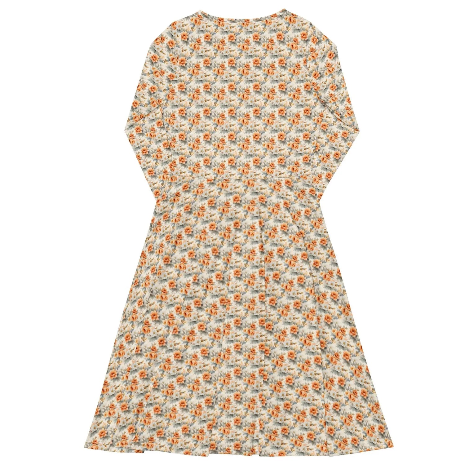All-over print long sleeve pretty floral print pattern mididress stylish date night graduation holiday dinner below the calf length dress