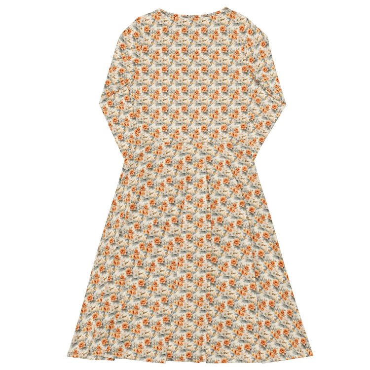 All-over print long sleeve pretty floral print pattern mididress stylish date night graduation holiday dinner below the calf length dress