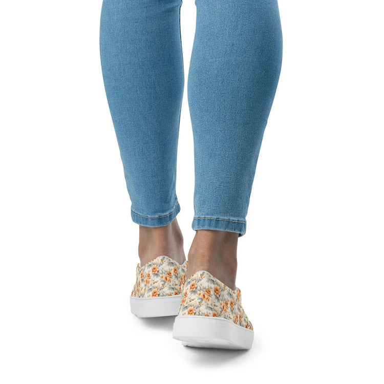 Women’s slip-on canvas shoes, Bright floral pretty all over pattern design fabric style fashion school work casual skinny jeans slip on shoe