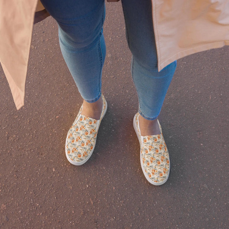 Women’s slip-on canvas shoes, Bright floral pretty all over pattern design fabric style fashion school work casual skinny jeans slip on shoe