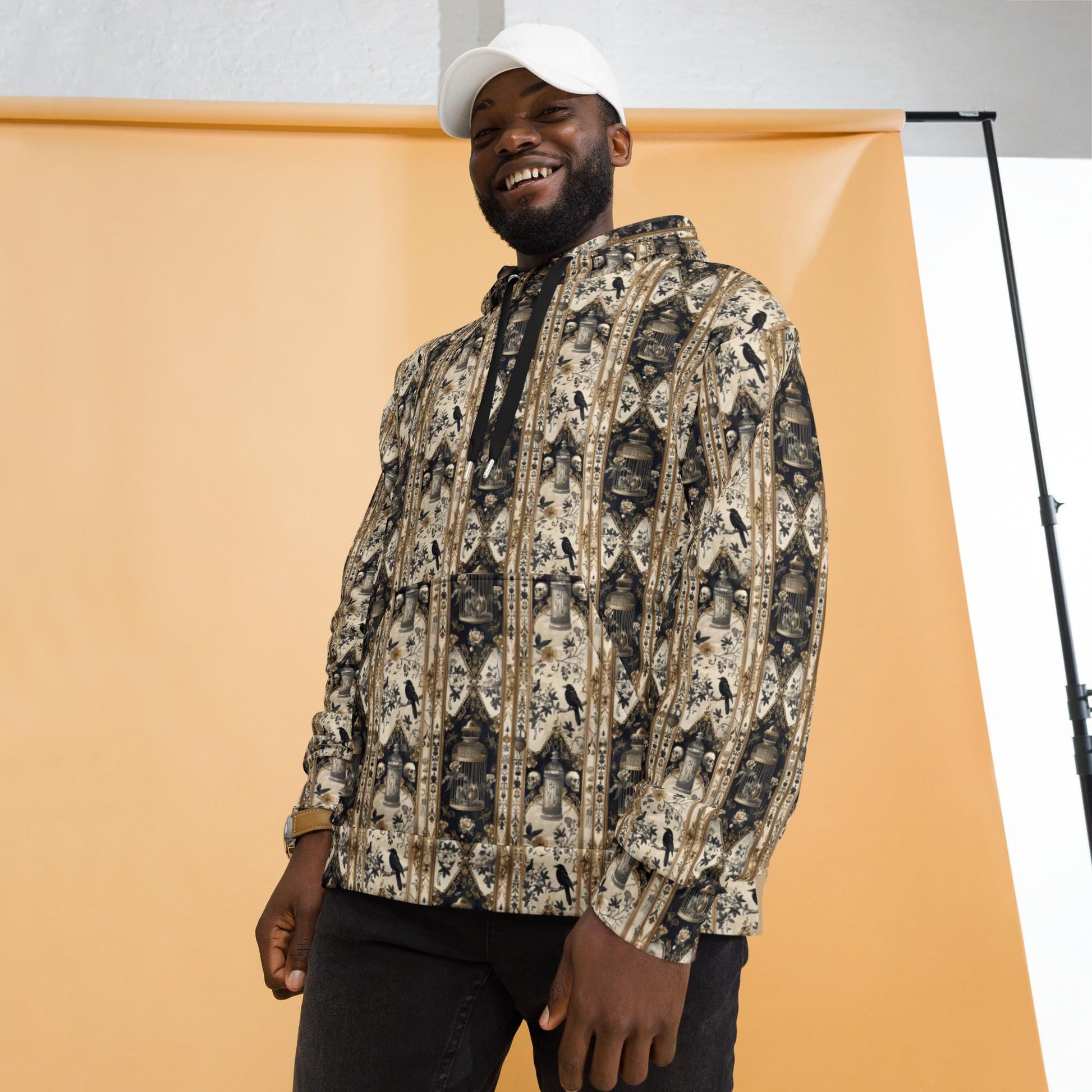 Men&#39;s warm cozy gothic mystical Fall holiday theme all over pattern print casual vibrant relaxed warm hoodie sweatshirt