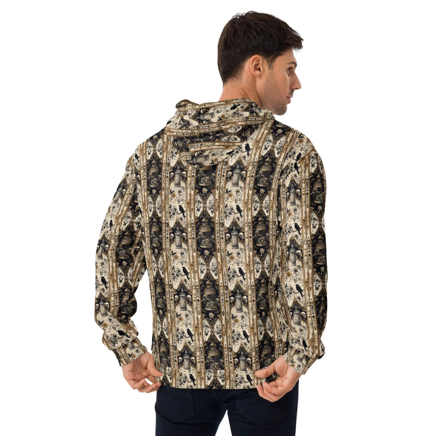 Men&#39;s warm cozy gothic mystical Fall holiday theme all over pattern print casual vibrant relaxed warm hoodie sweatshirt
