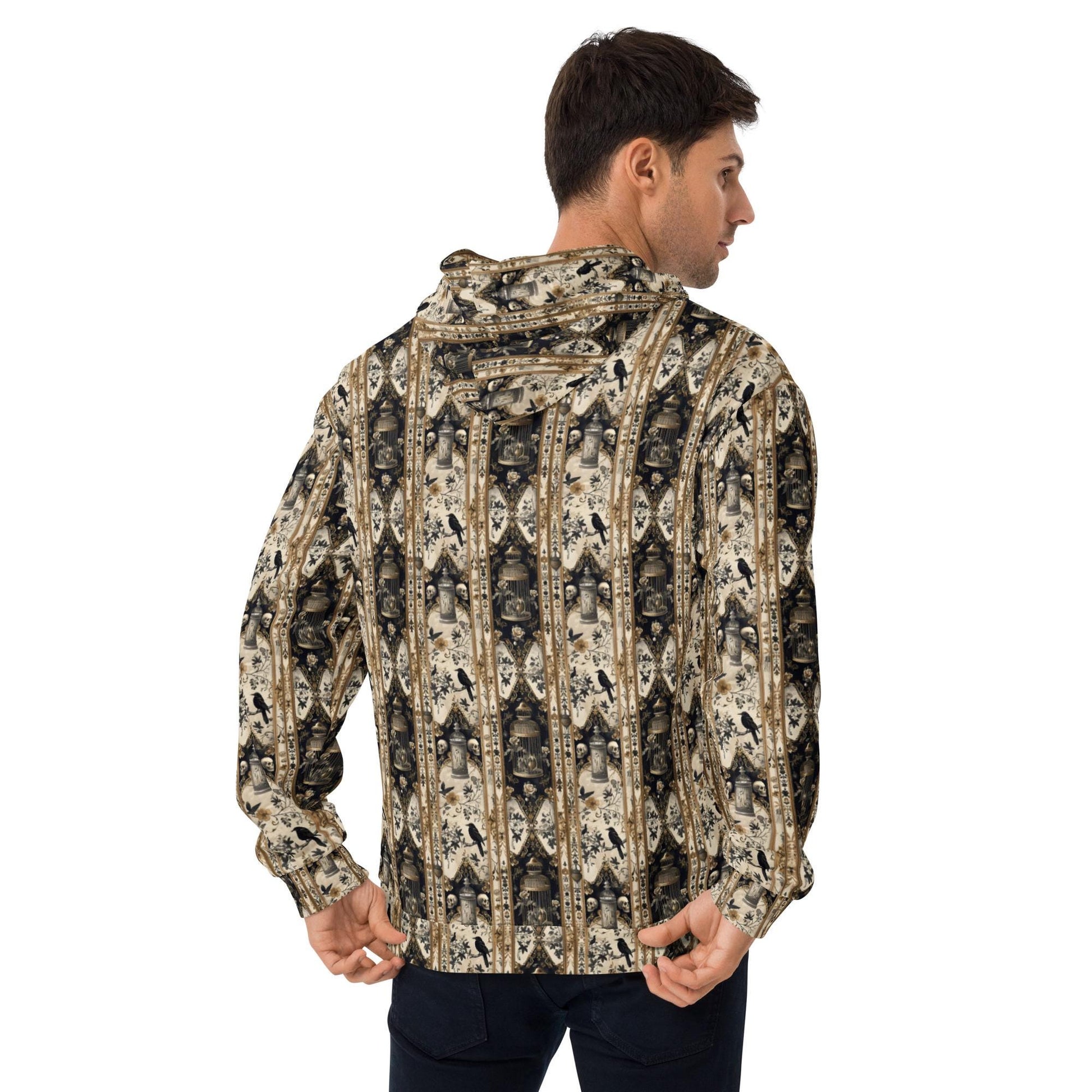 Men&#39;s warm cozy gothic mystical Fall holiday theme all over pattern print casual vibrant relaxed warm hoodie sweatshirt