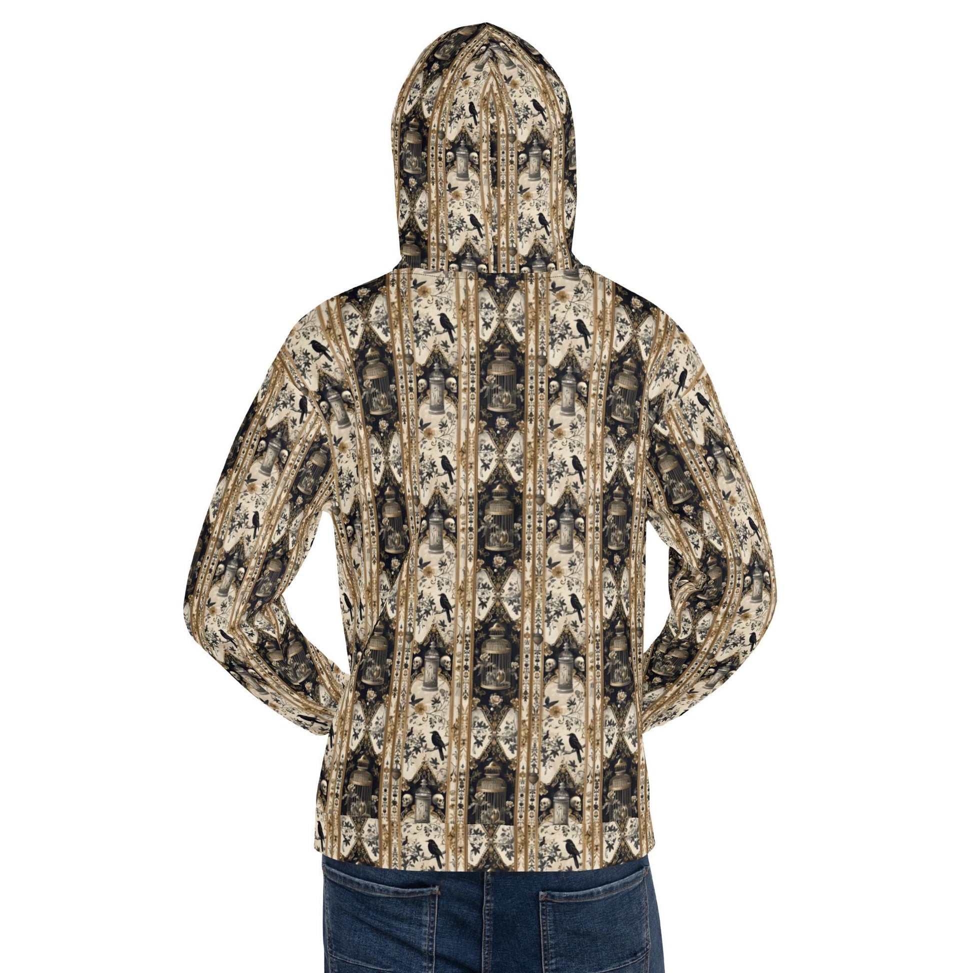 Men&#39;s warm cozy gothic mystical Fall holiday theme all over pattern print casual vibrant relaxed warm hoodie sweatshirt