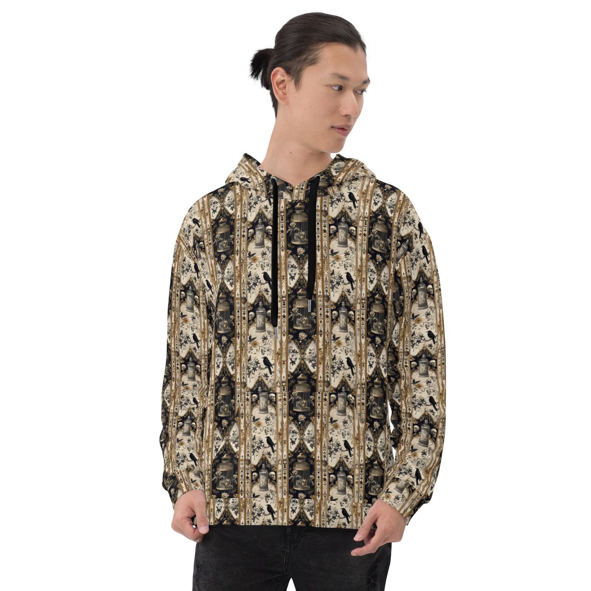 Men&#39;s warm cozy gothic mystical Fall holiday theme all over pattern print casual vibrant relaxed warm hoodie sweatshirt