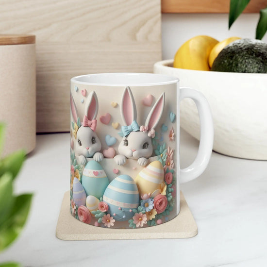 Ceramic Mug, 11oz, 3D Easter bunny pastel color springtime adorable print coffee tea beverage cup The Aurora Touch