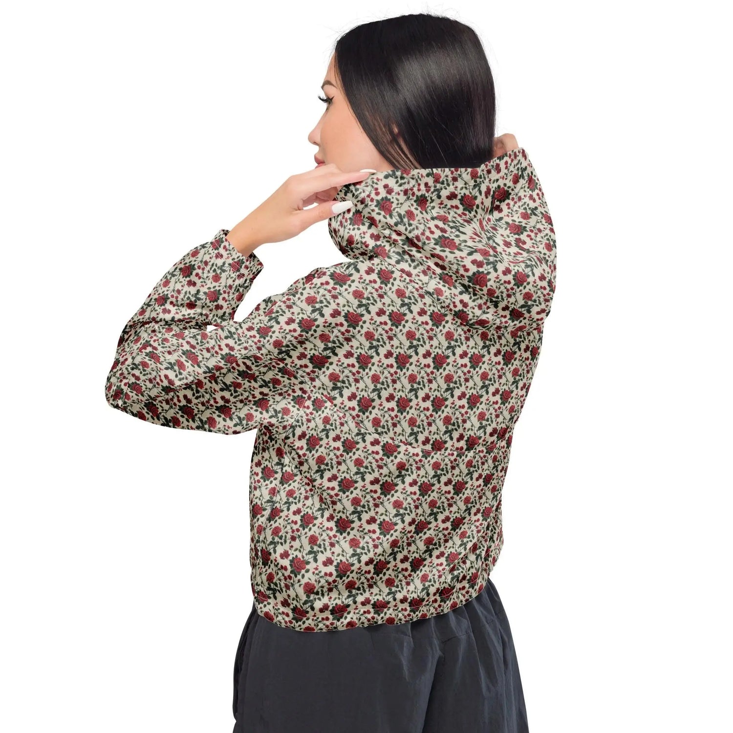 Women’s cropped windbreaker red roses all over print sylish everyday versatile teen adult fashionista clothing all occasion sporty wear The Aurora Touch