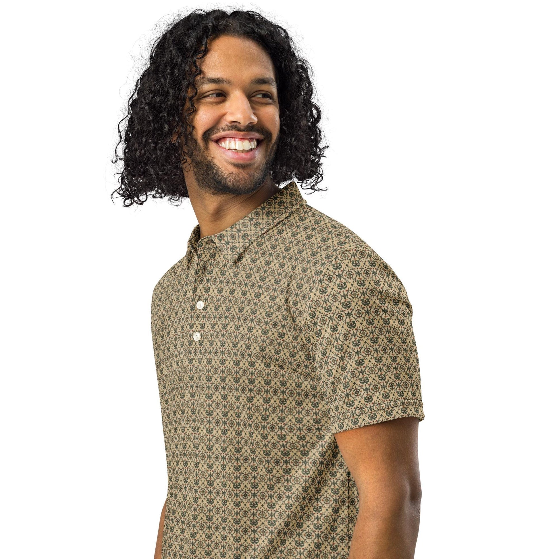 Men’s slim fit pattern print polo stylish dinner lunch meeting casual mixer event jean slacks versatile clothing wear pattern design shirt