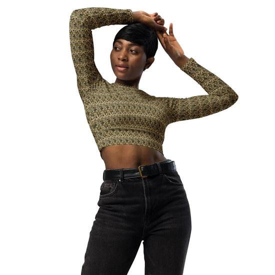 Recycled long-sleeve pattern style crop top all over print design comfortable leisure workout sporty smooth jean leggings half top