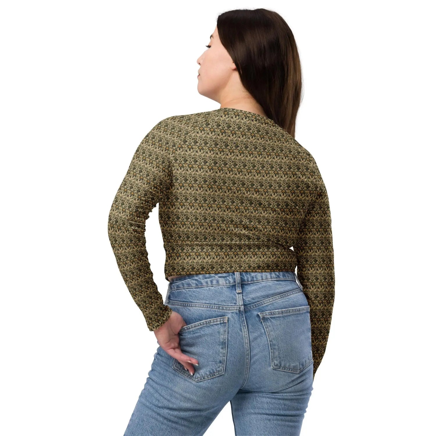 Recycled long-sleeve pattern style crop top all over print design comfortable leisure workout sporty smooth jean leggings half top