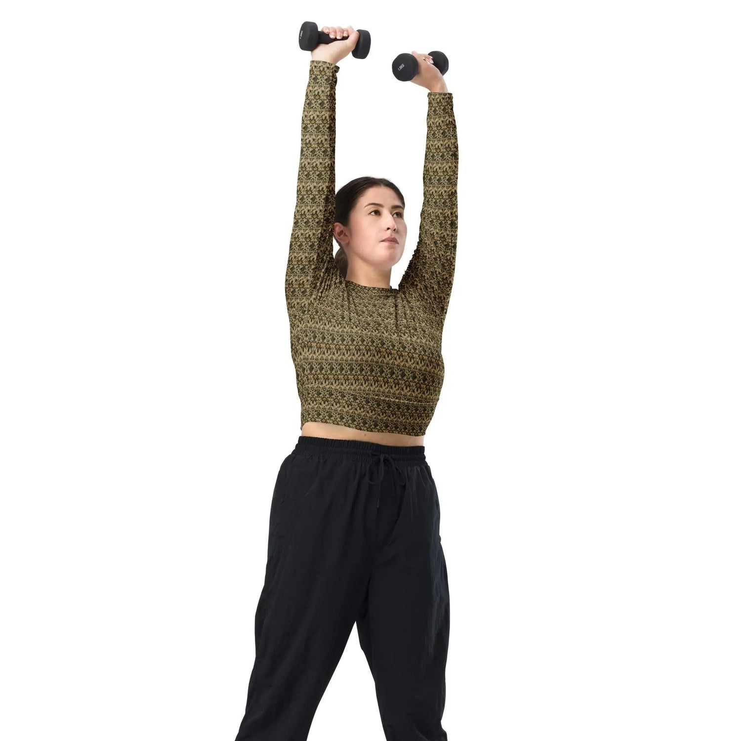 Recycled long-sleeve pattern style crop top all over print design comfortable leisure workout sporty smooth jean leggings half top
