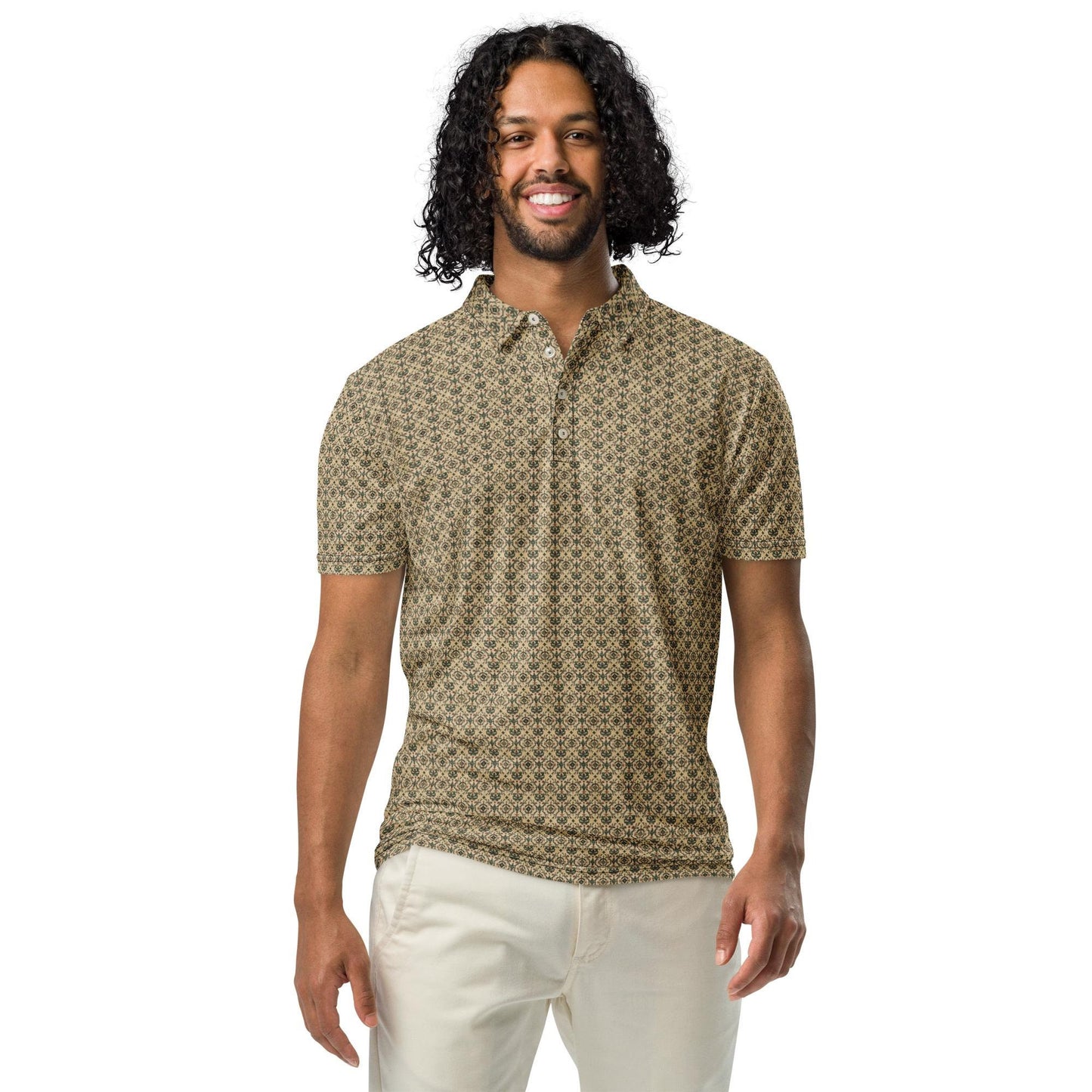 Men’s slim fit pattern print polo stylish dinner lunch meeting casual mixer event jean slacks versatile clothing wear pattern design shirt
