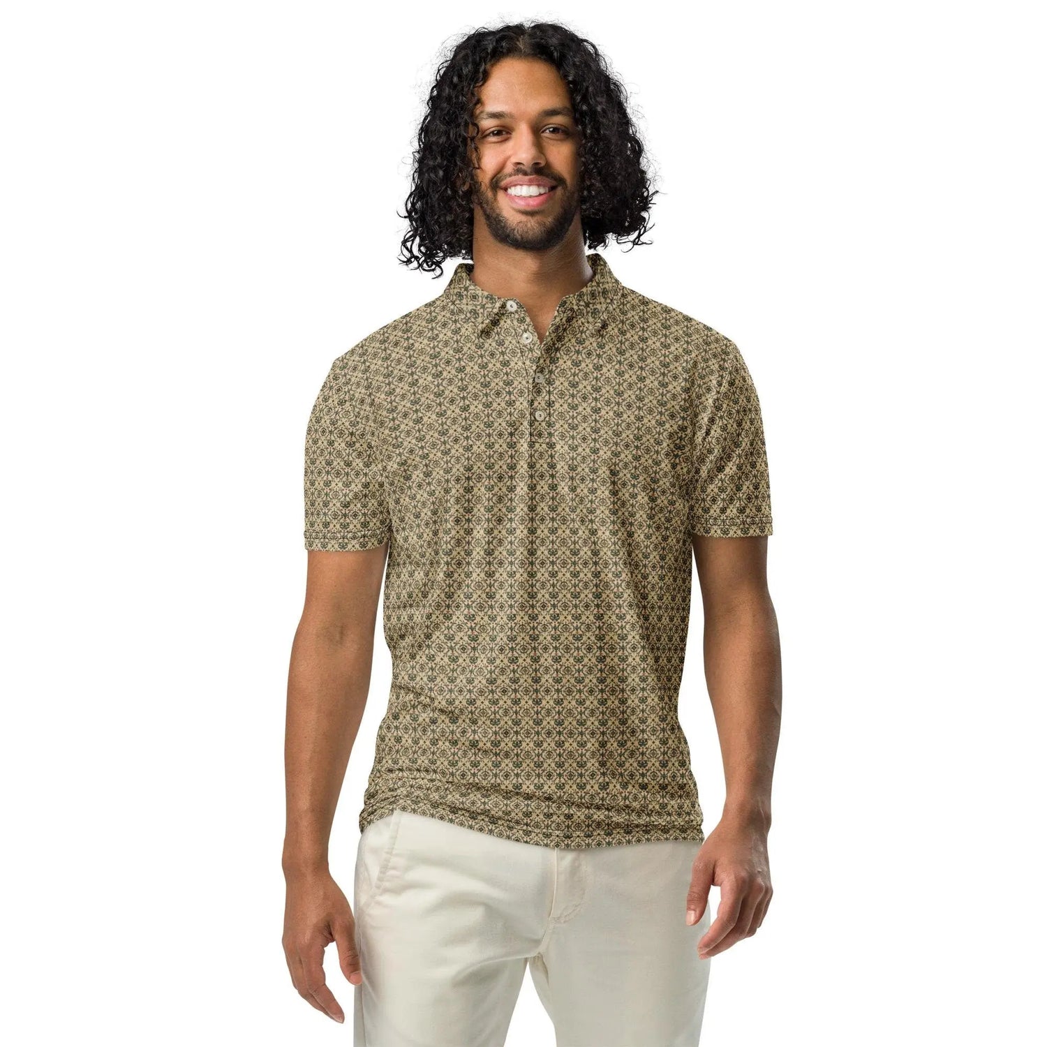 Men’s slim fit pattern print polo stylish dinner lunch meeting casual mixer event jean slacks versatile clothing wear pattern design shirt