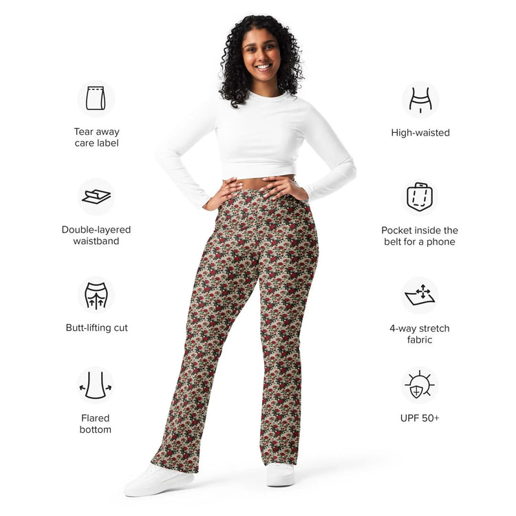 Flared red roses stylish leggings casual high waist butt enhancing flared bottoms versatile walking workout crop pairing strecth pants