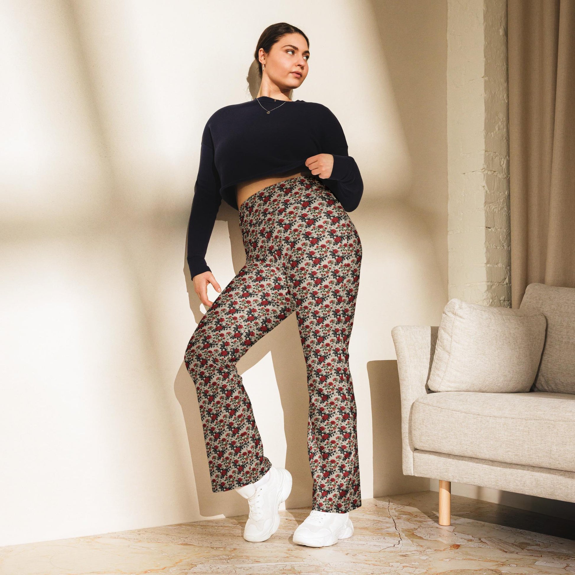 Flared red roses stylish leggings casual high waist butt enhancing flared bottoms versatile walking workout crop pairing strecth pants