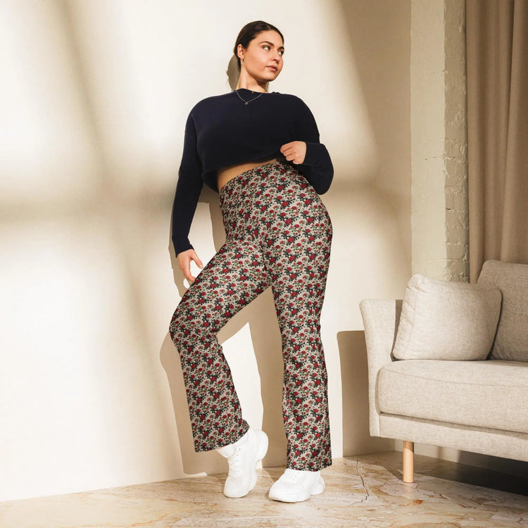 Flared red roses stylish leggings casual high waist butt enhancing flared bottoms versatile walking workout crop pairing strecth pants
