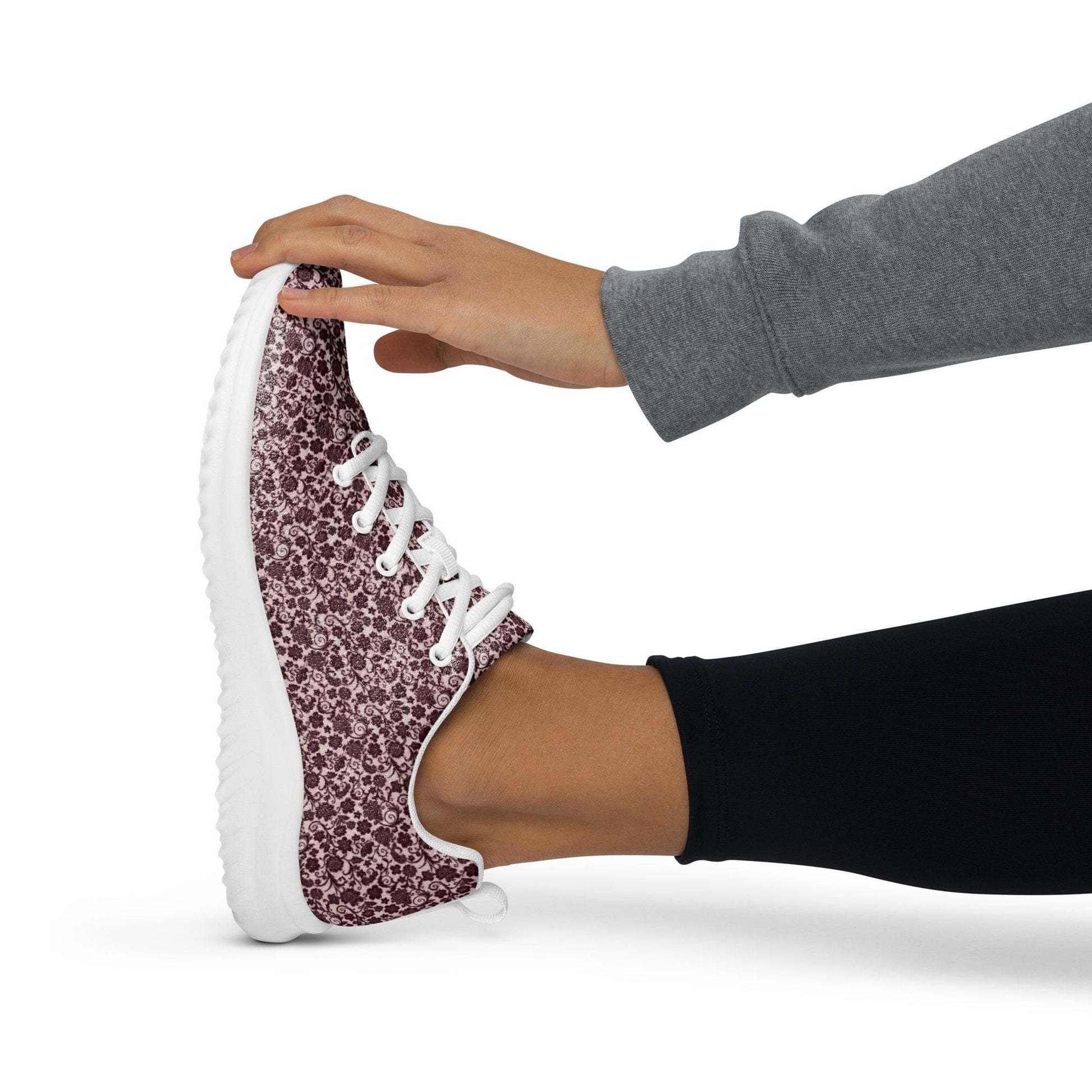 Women’s athletic shoes, Burgandy lace all over print classy sophisticated design casual workout work sporty sneaker jean pairing shoe