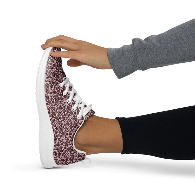Women’s athletic shoes, Burgandy lace all over print classy sophisticated design casual workout work sporty sneaker jean pairing shoe