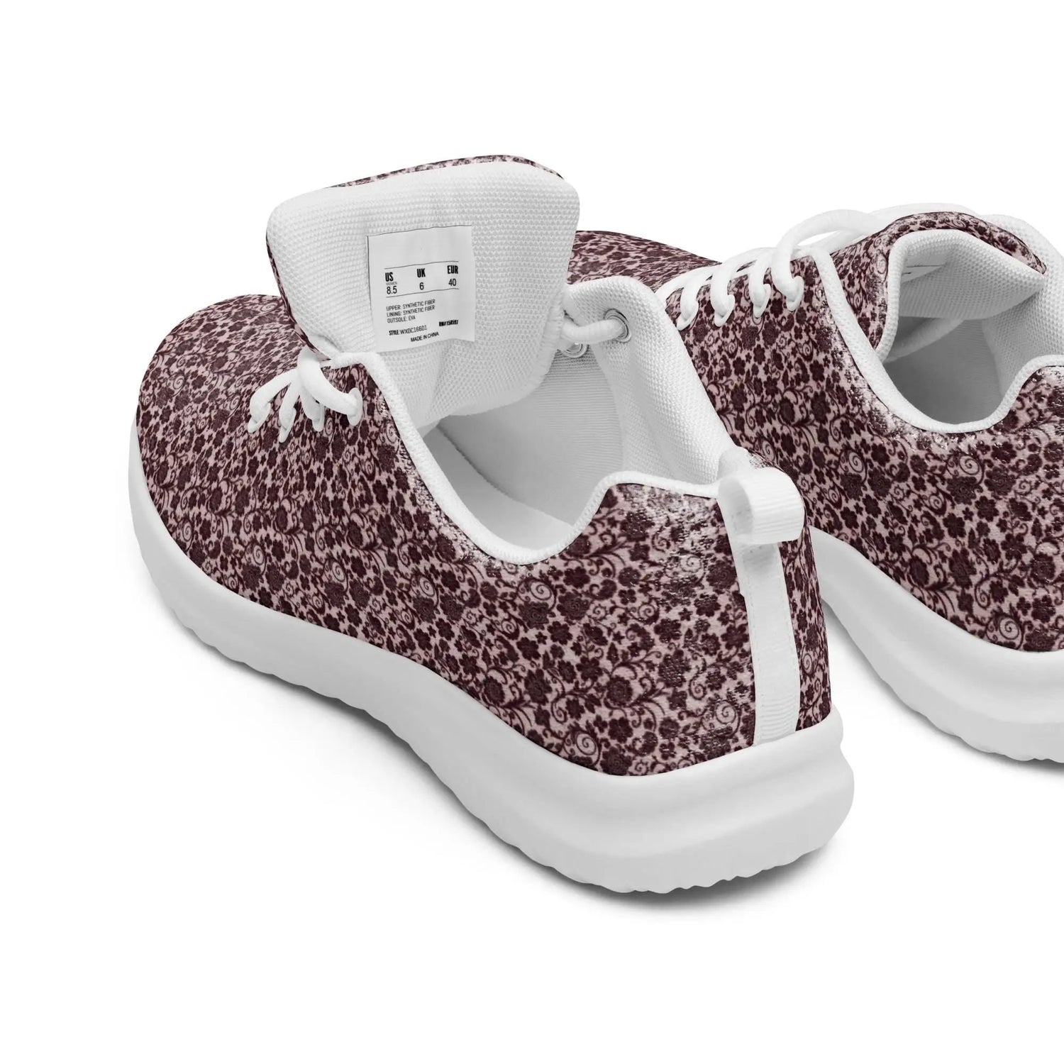 Women’s athletic shoes, Burgandy lace all over print classy sophisticated design casual workout work sporty sneaker jean pairing shoe